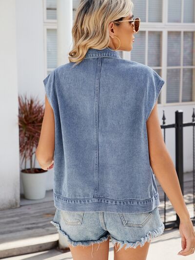 Pocketed Button Up Sleeveless Denim Jacket