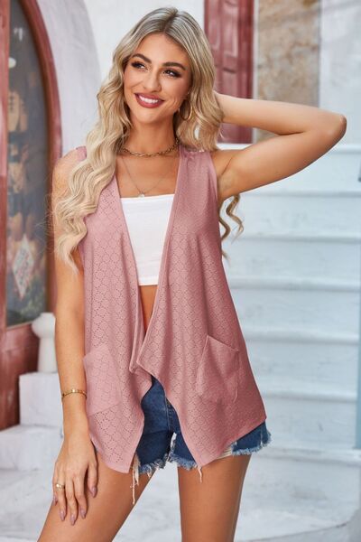 Eyelet Open Front Sleeveless Cardigan