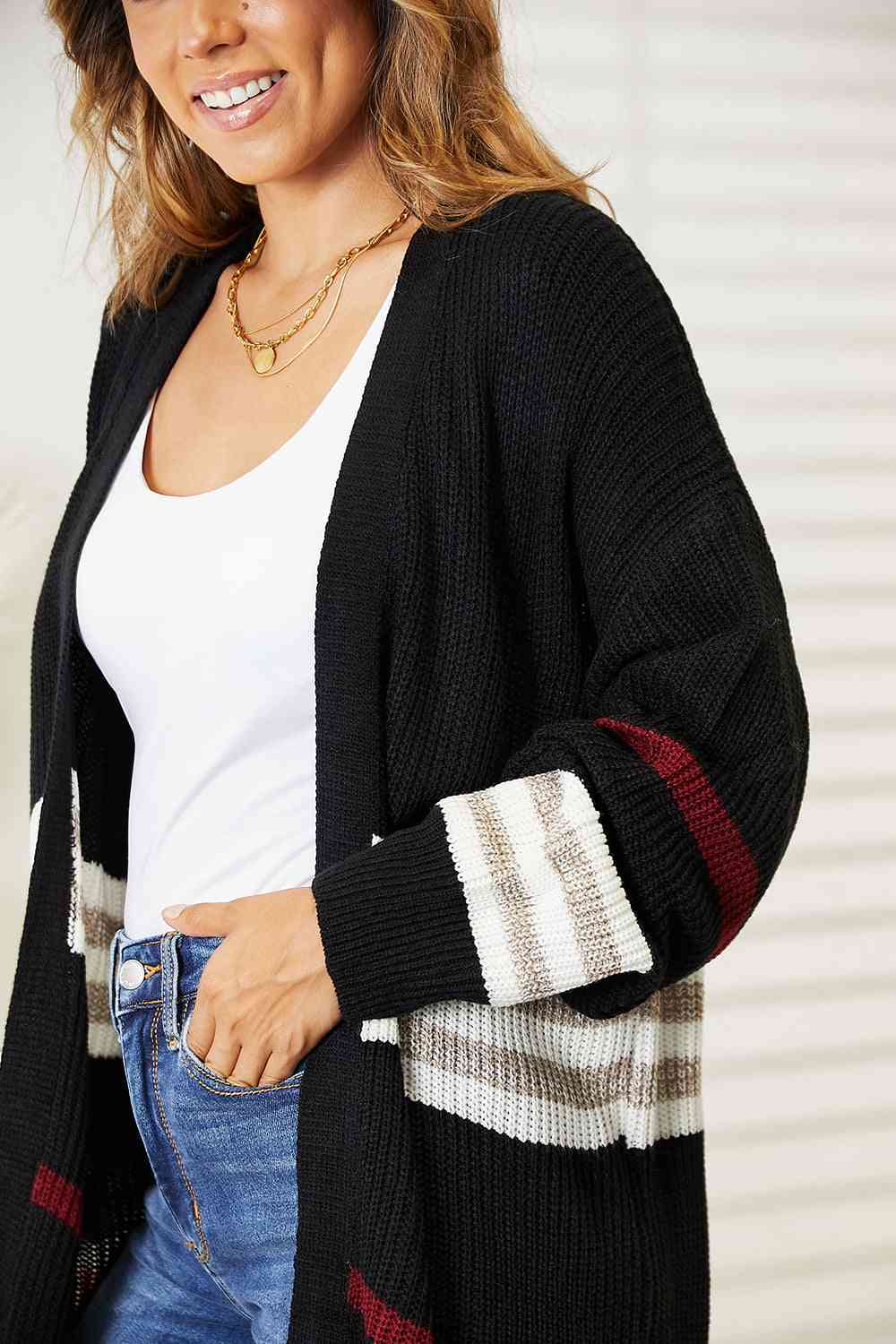 Double Take Striped Rib-Knit Drop Shoulder Open Front Cardigan