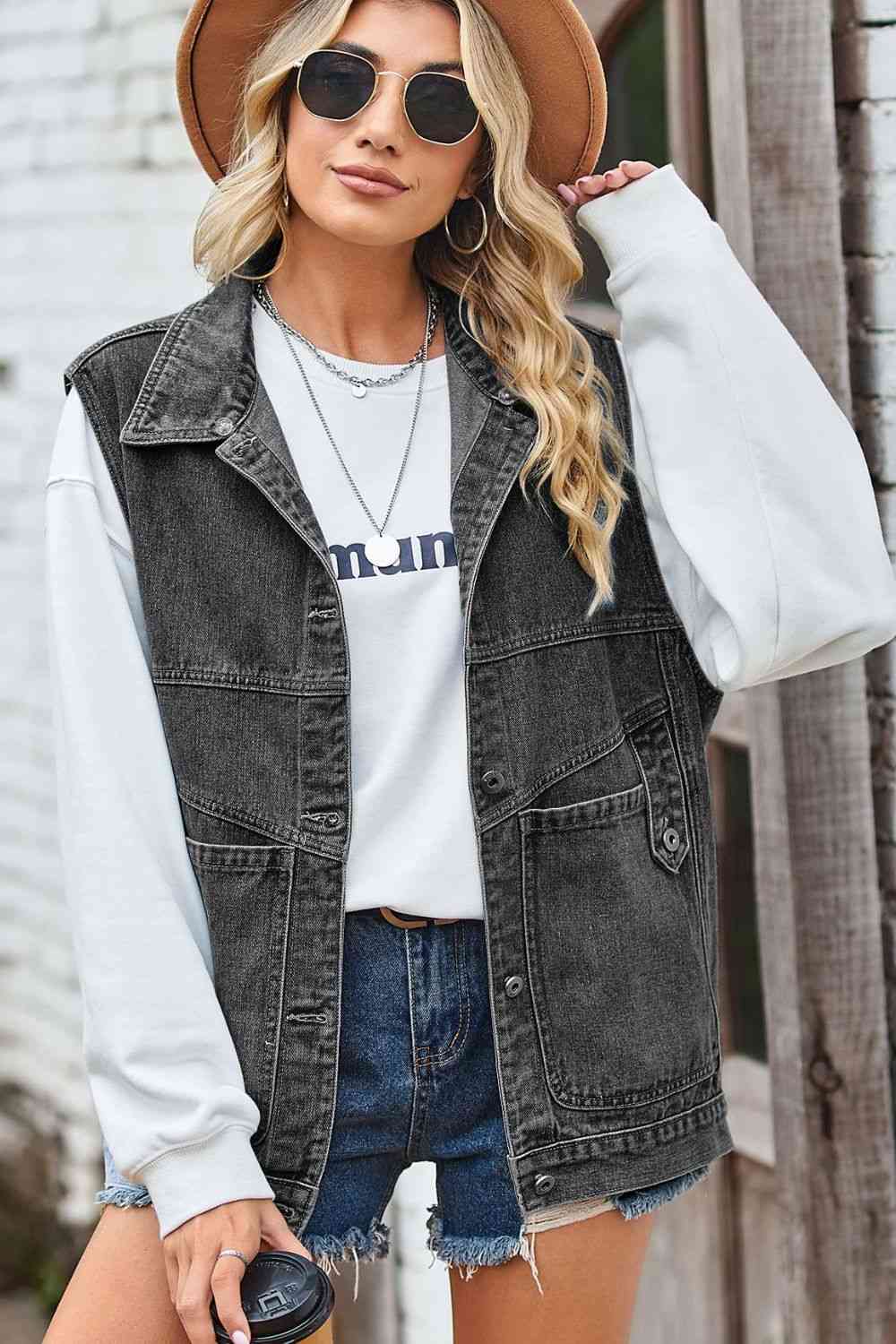 Sleeveless Denim Top with A Detachable Hood