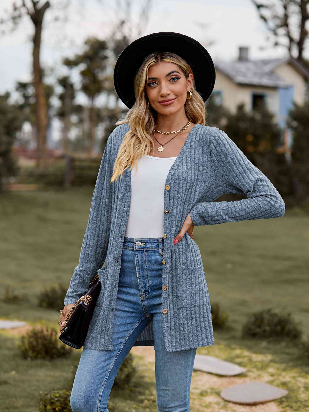 Ribbed Button-Up Cardigan with Pockets