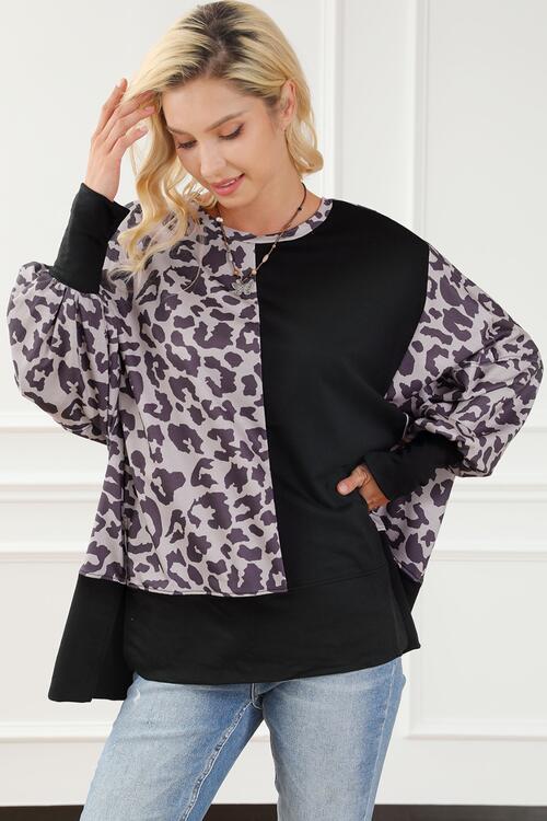 Leopard Round Neck Lantern Sleeve Slit Sweatshirt