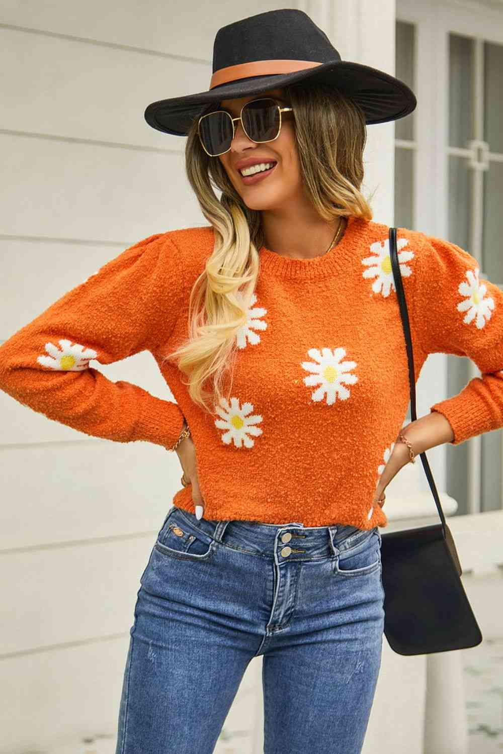 Flower Pattern Round Neck Short Sleeve Pullover Sweater