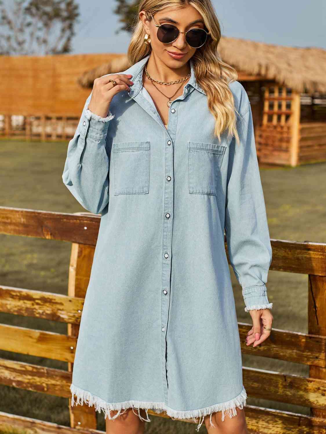 Button Up Collared Neck Raw Hem Denim Dress