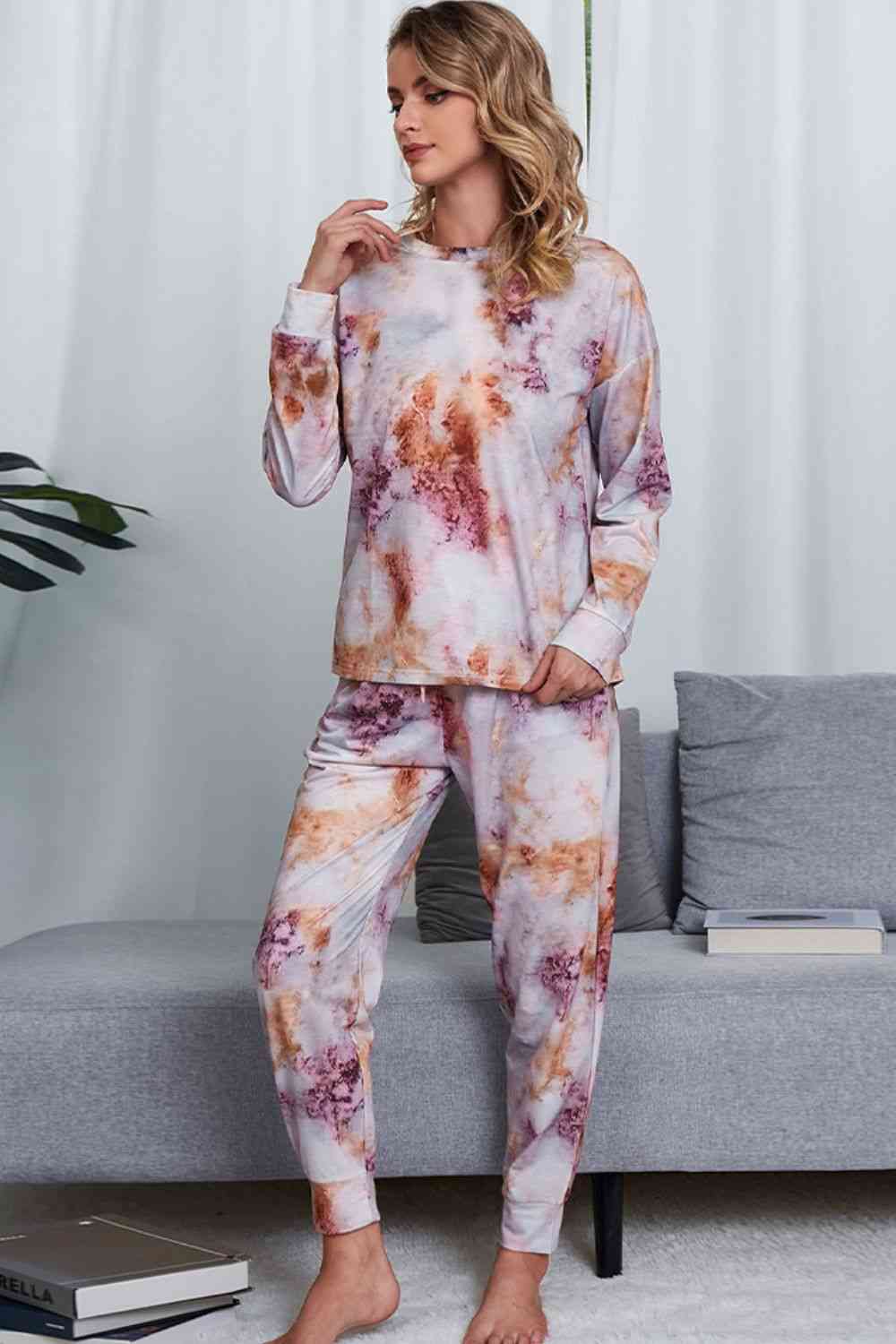 Tie-Dye Crewneck Top and Drawstring Waist Joggers Lounge Set