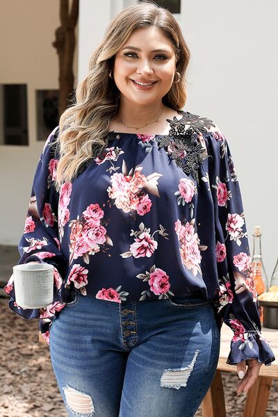 Plus Size Floral Flounce Sleeve Blouse