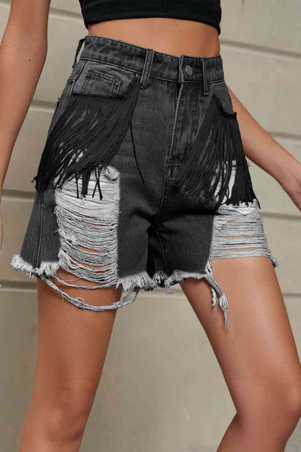 Fringe Trim Distressed Denim Shorts with Pockets