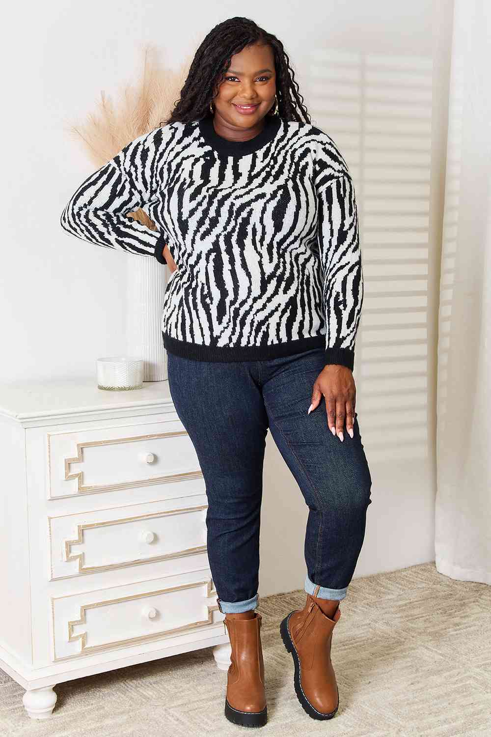 Heimsih Full Size Zebra Print Sweater