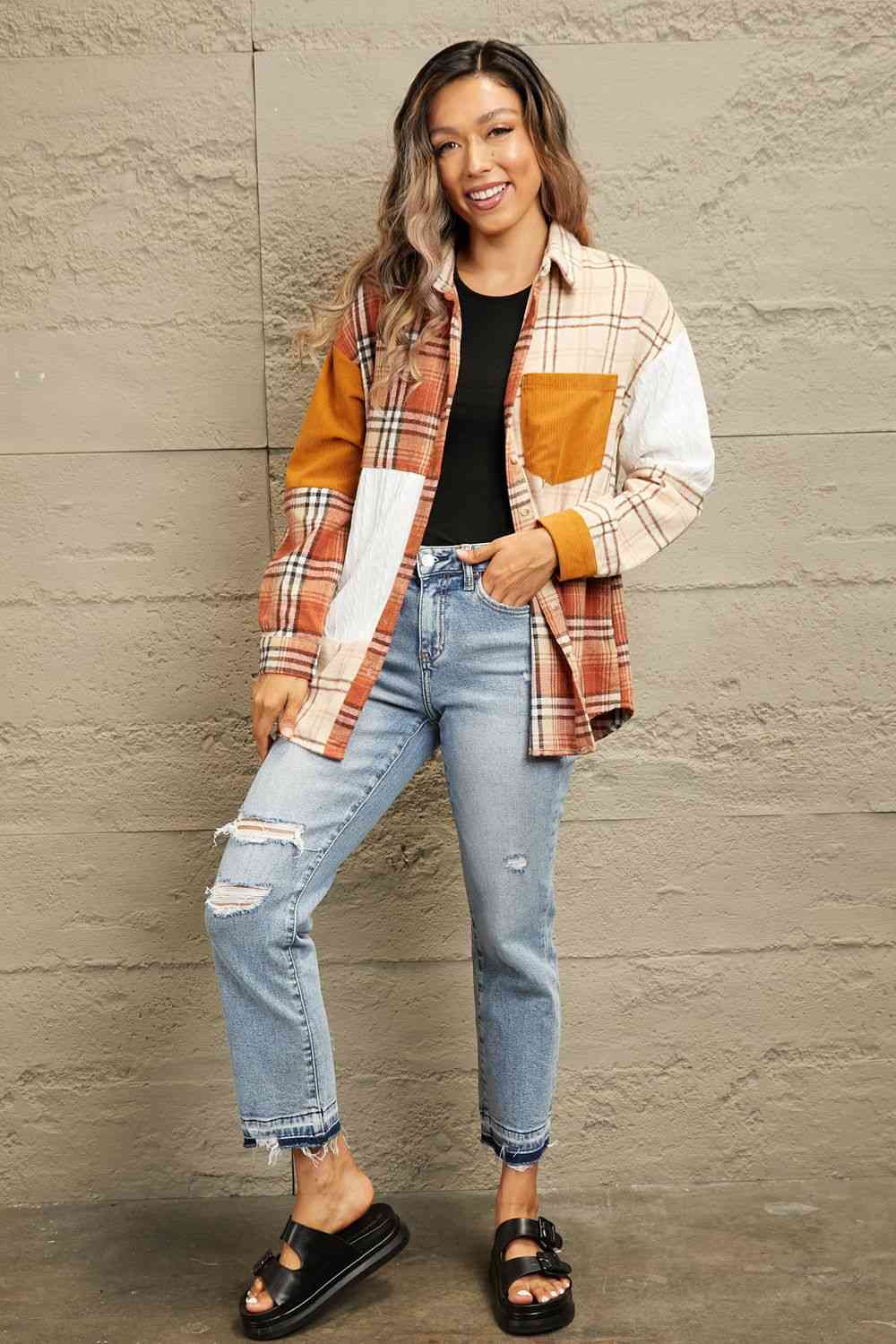 Double Take Plaid Color Block Dropped Shoulder Shacket