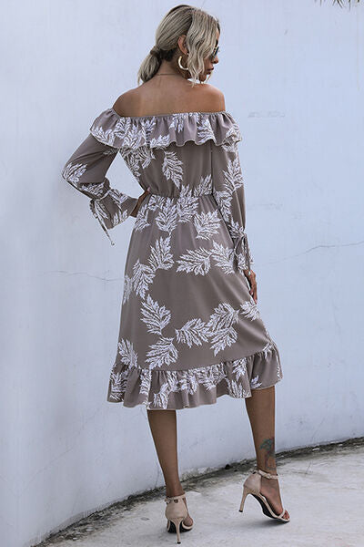 Ruffled Printed Off-Shoulder Midi Dress