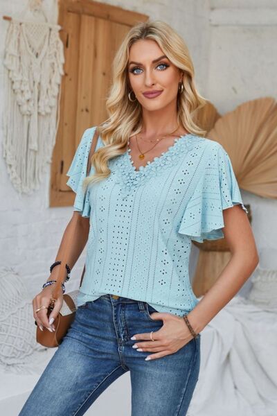 Eyelet Applique V-Neck Cap Sleeve T-Shirt