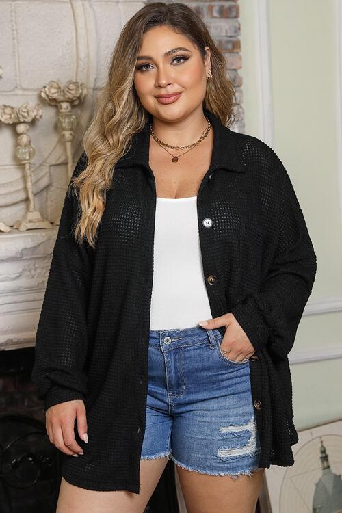 Plus Size Waffle Knit Button Up Collared Neck Shirt