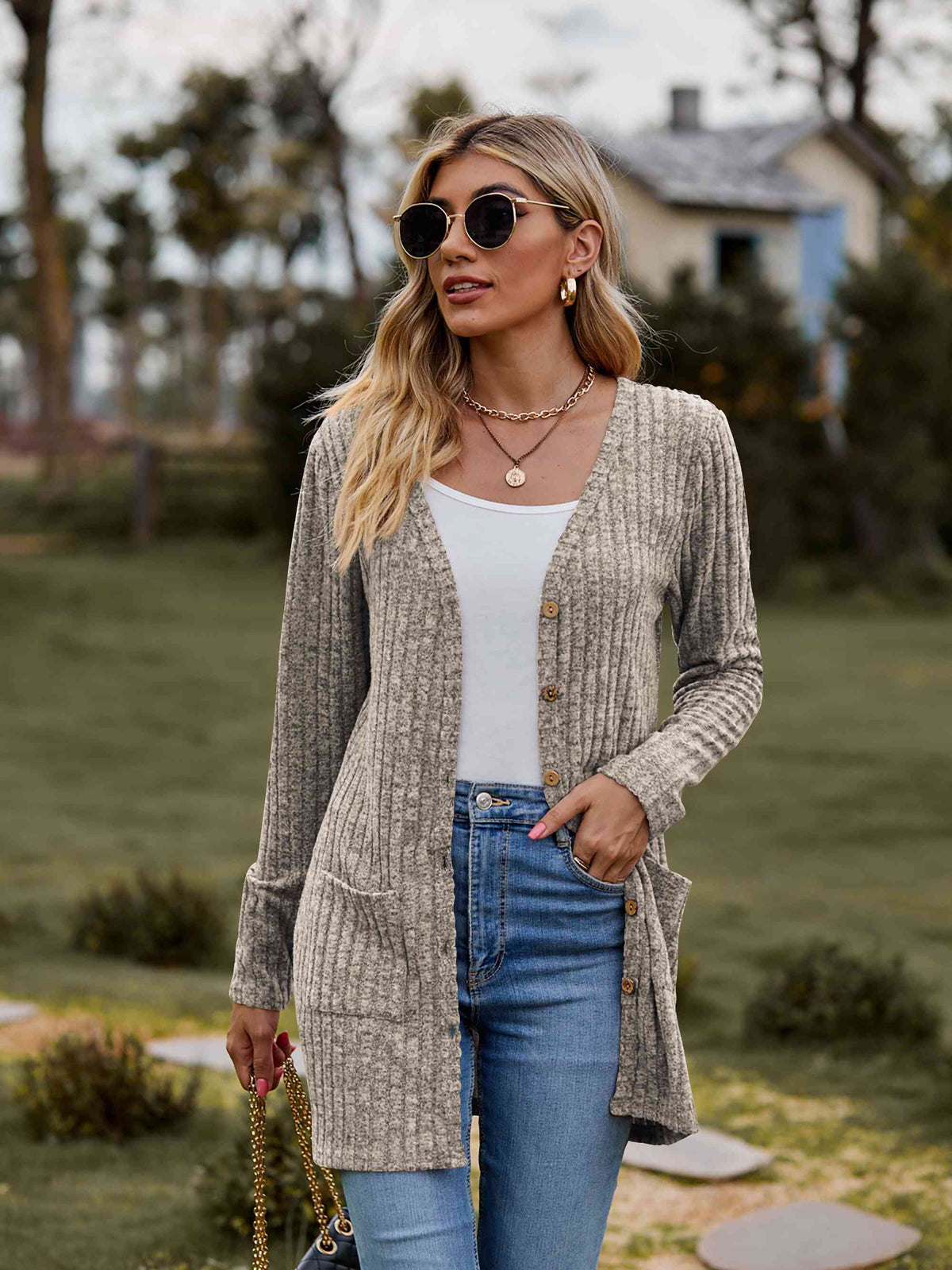 Ribbed Button-Up Cardigan with Pockets