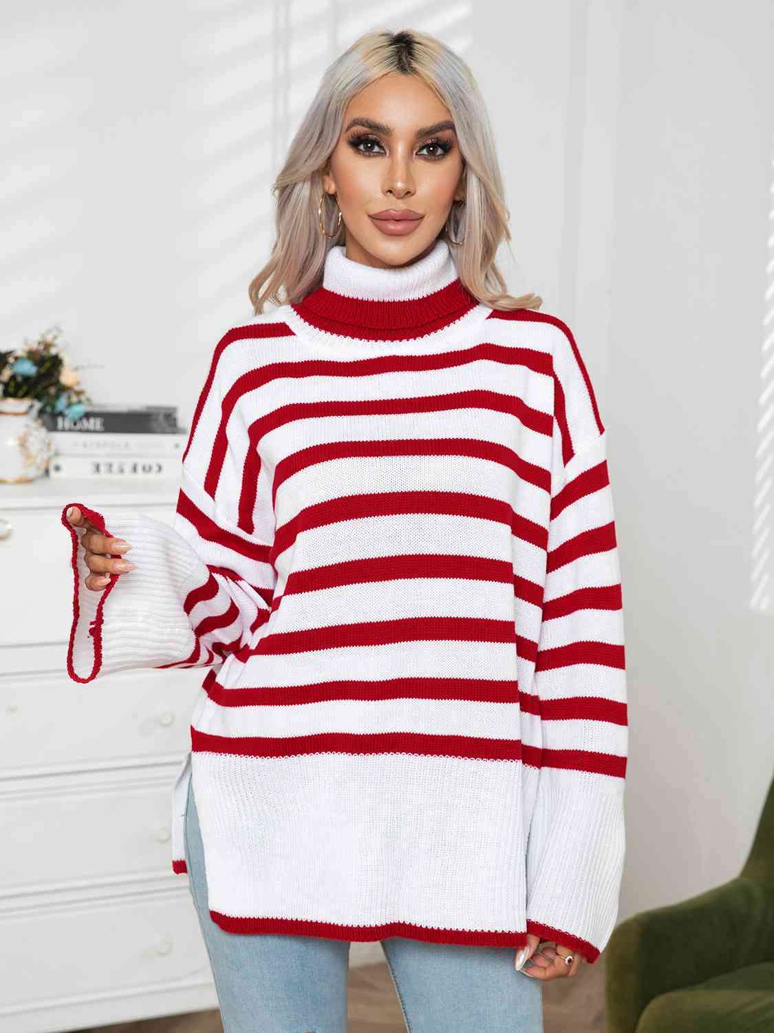 Striped Slit Turtleneck Drop Shoulder Sweater