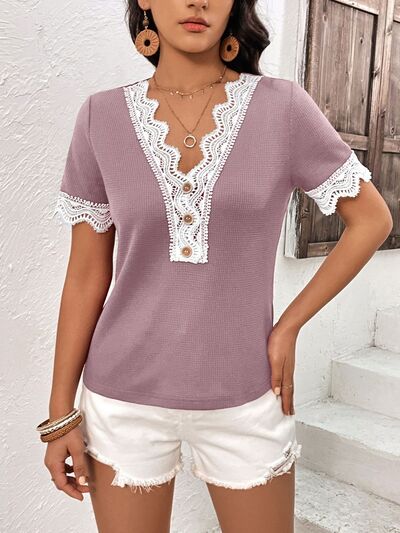 Lace Detail V-Neck Short Sleeve T-Shirt