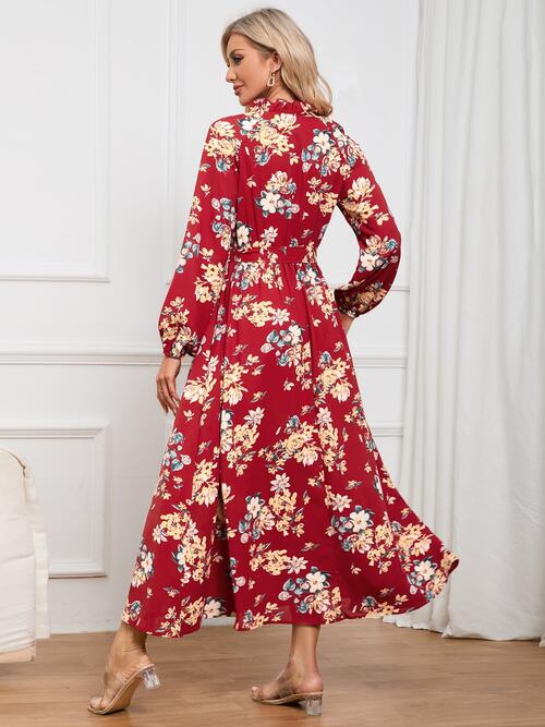 Floral Tie Front Balloon Sleeve Dress