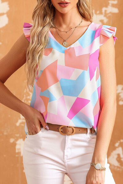 Ruffled Geometric V-Neck Blouse