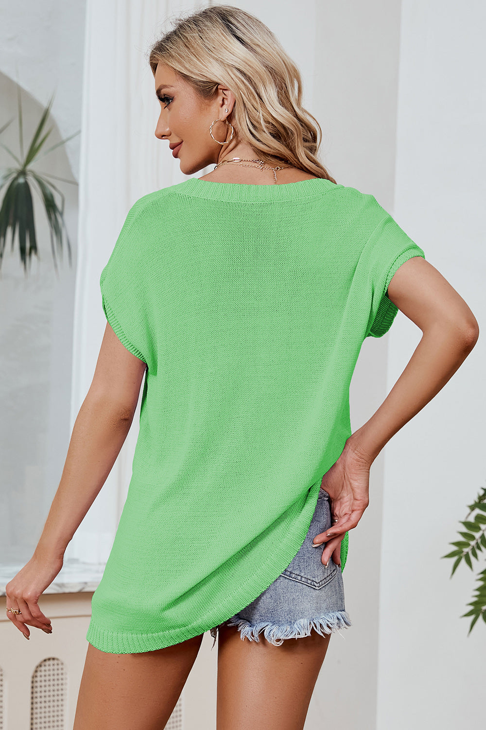 Color Block V-Neck Short Sleeve Knit Top