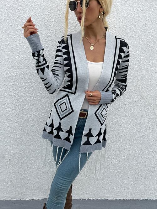 Geometric Fringe Hem Open Front Cardigan