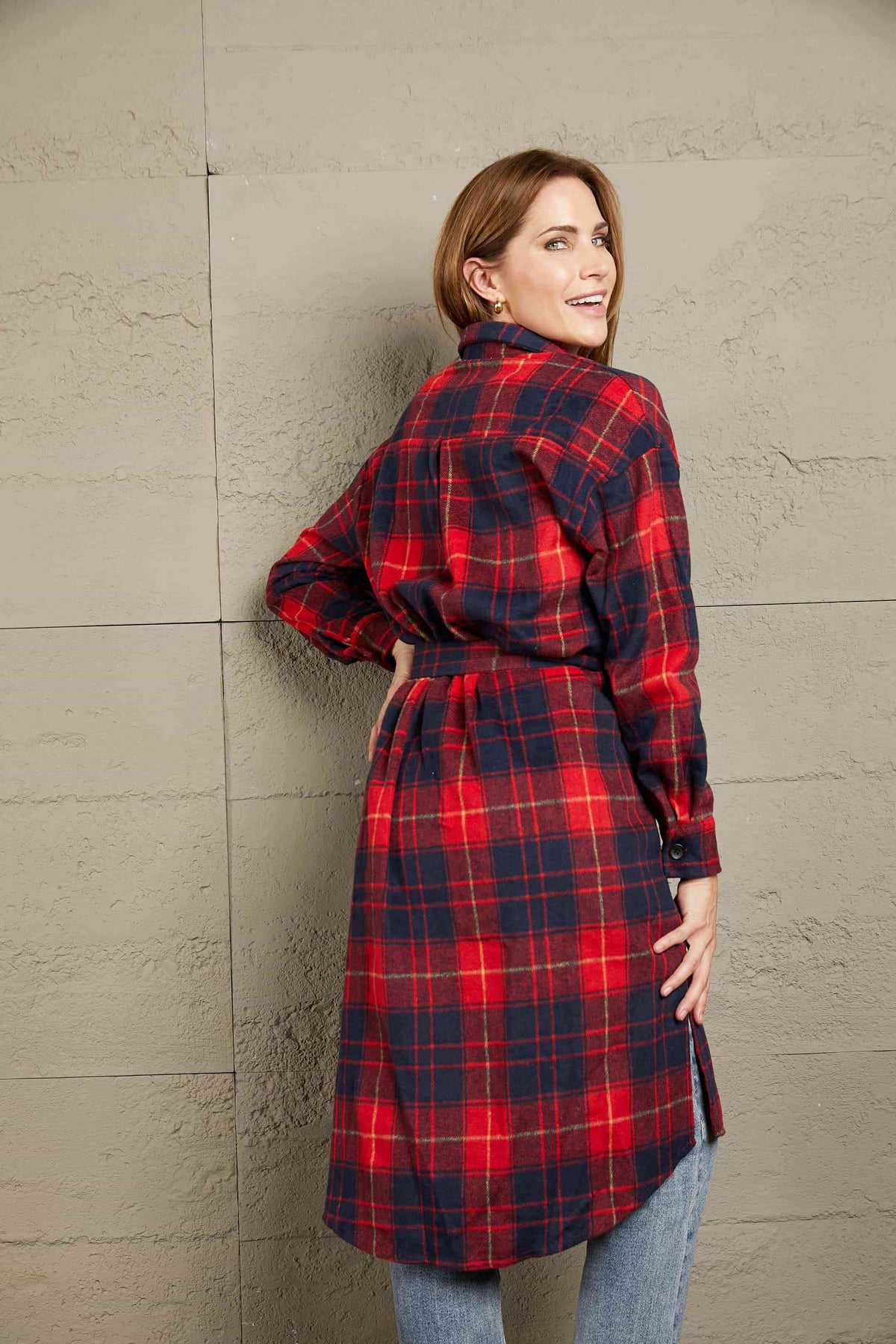 Double Take Plaid Belted Button Down Longline Shirt Jacket