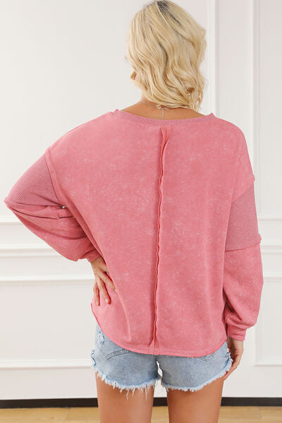 Waffle-Knit Exposed Seam Round Neck Sweatshirt