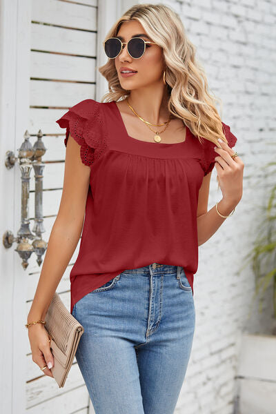 Eyelet Square Neck Cap Sleeve Blouse