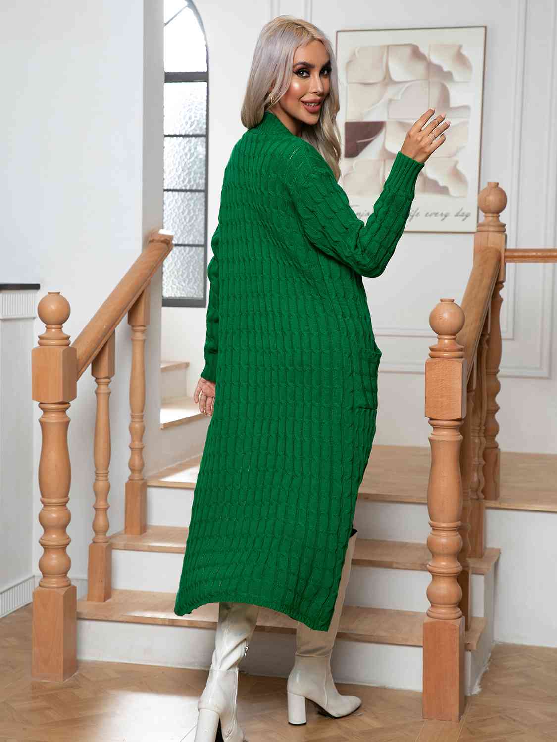 Cable-Knit Open Front Cardigan with Pockets