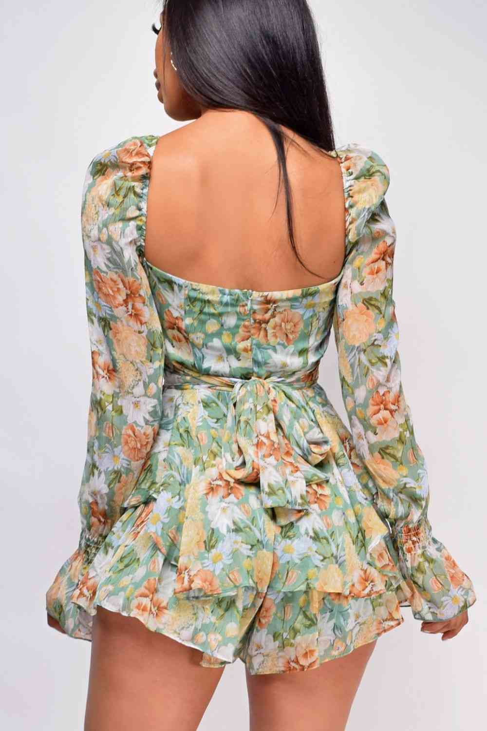 Floral Sweetheart Neck Flounce Sleeve Romper