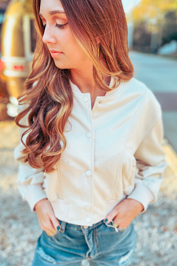 So Slick Cream Suede Bomber Jacket