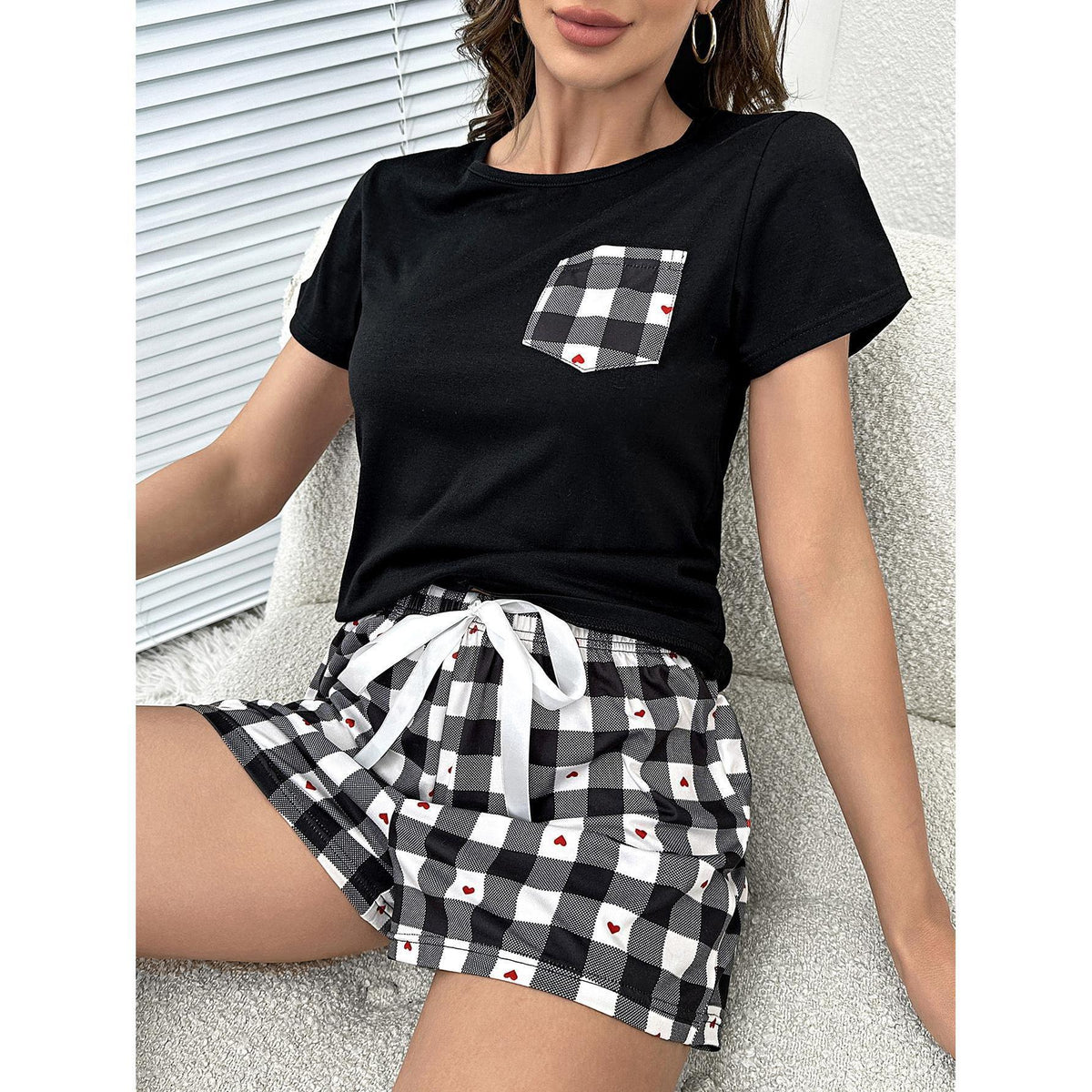 Plaid Heart Top and Shorts Lounge Sety