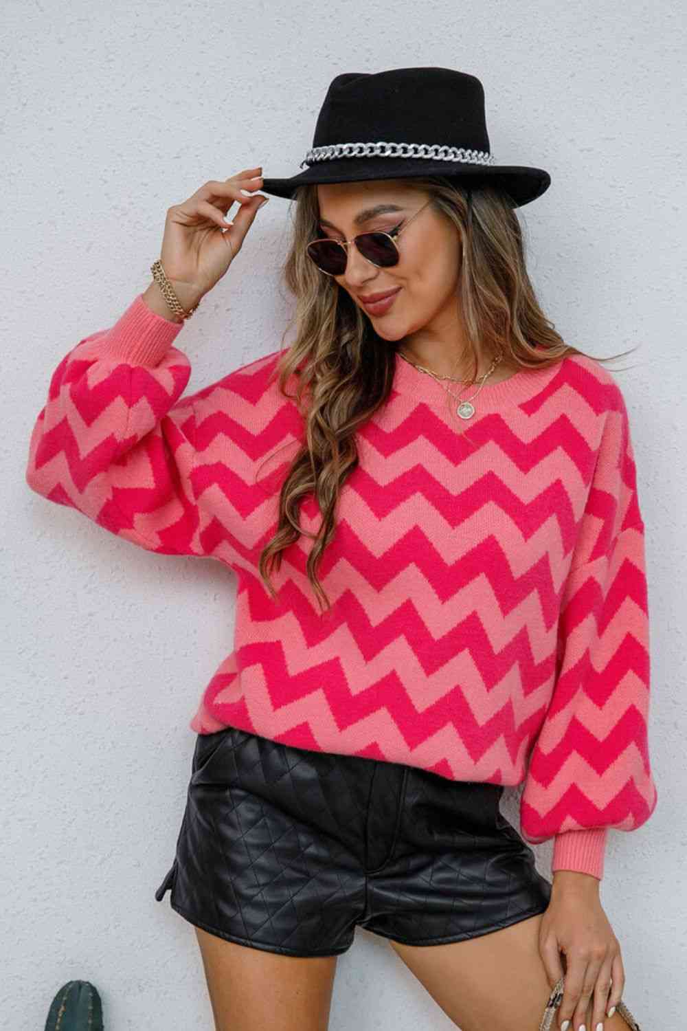 Chevron Lantern Sleeve Tunic Sweater