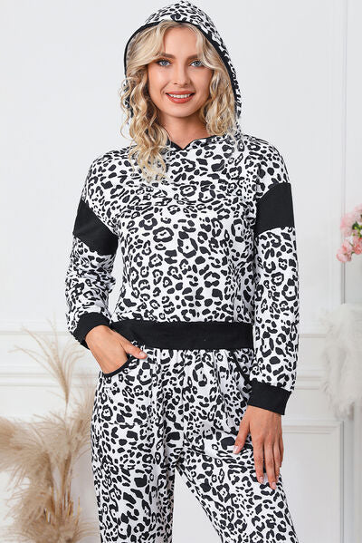 Leopard Contrast Hoodie and Pants Set