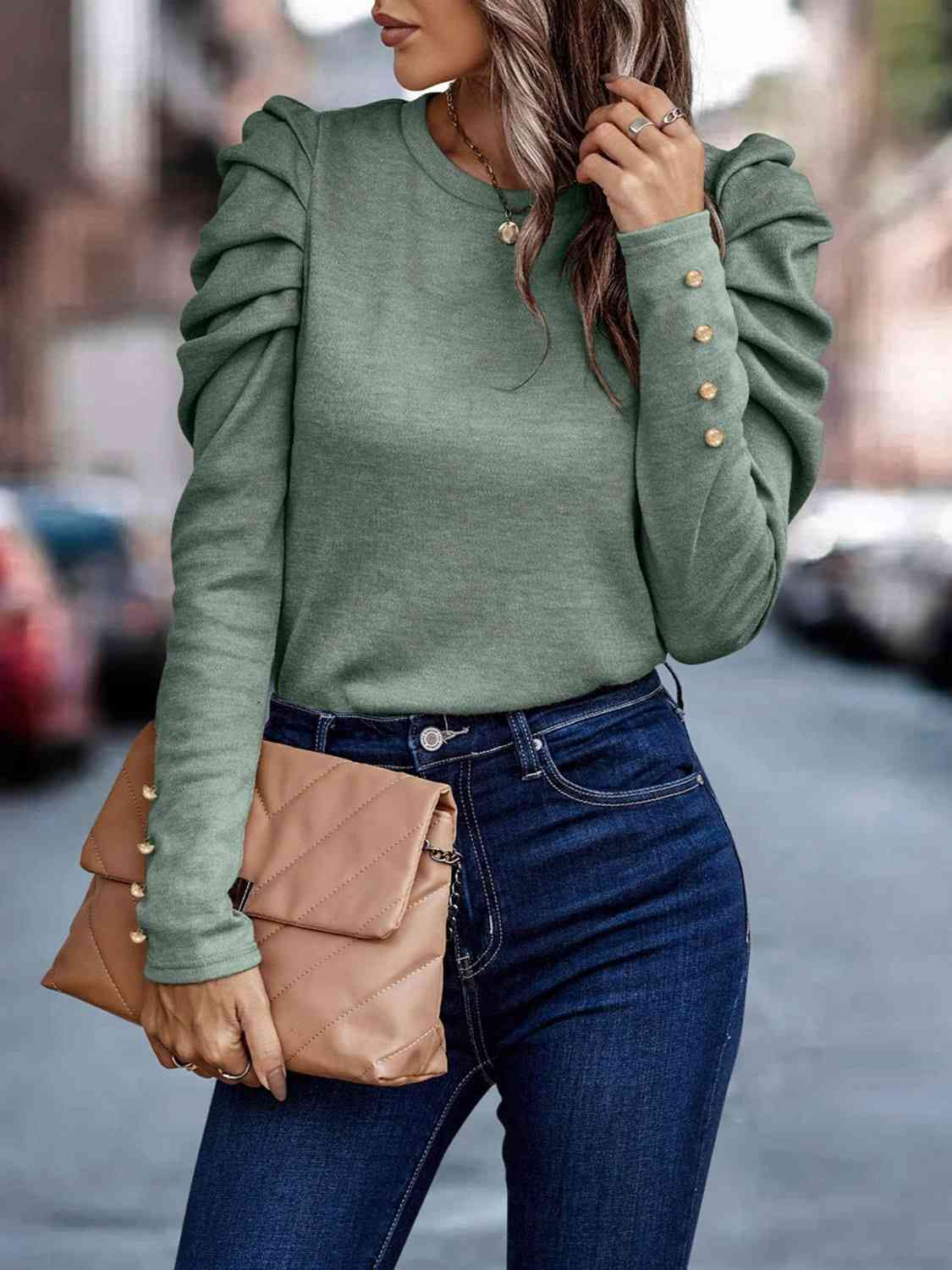 Decorative Button Puff Sleeve T-Shirt