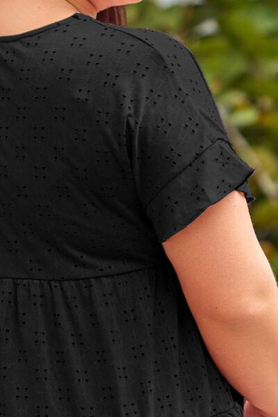 Plus Size Eyelet Round Neck Short Sleeve Blouse