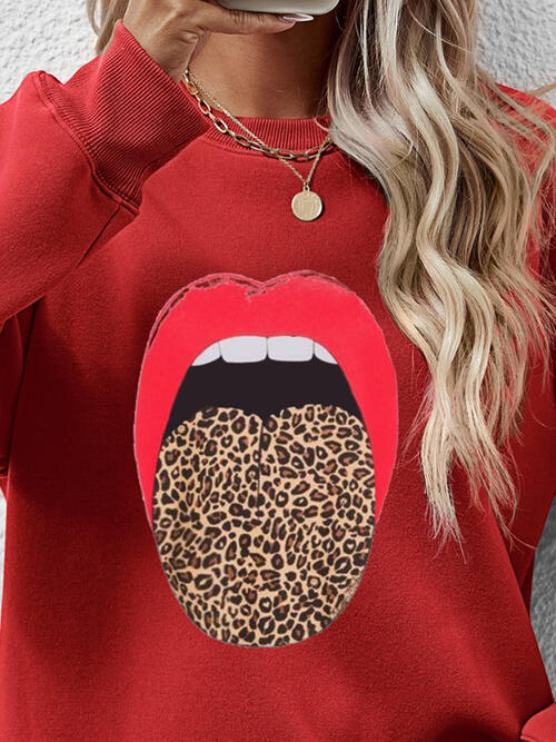 Leopard Lip Graphic Round Neck Sweatshirt