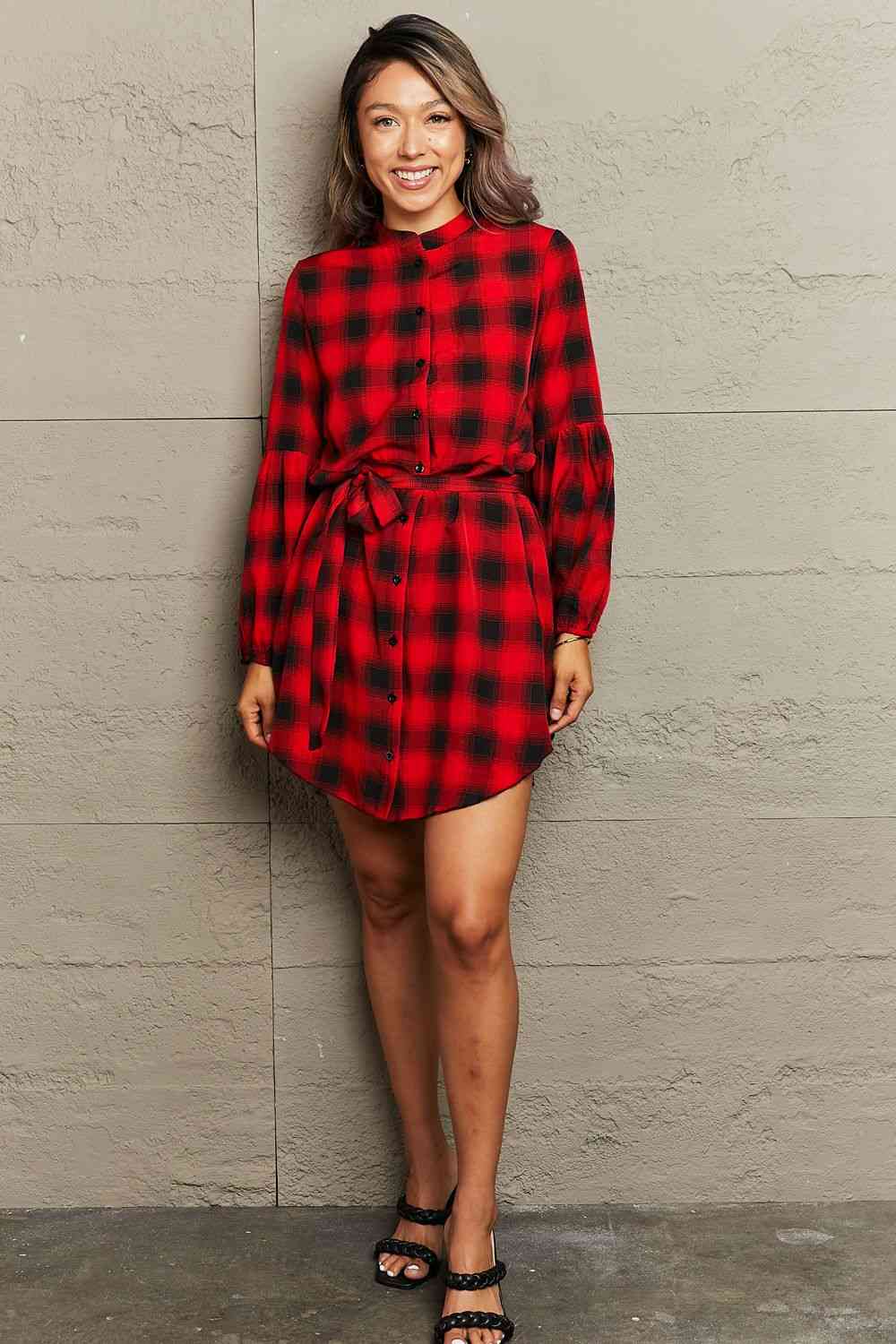 Plaid Tie Waist Balloon Sleeve Mini Dress