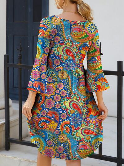 Printed Round Neck Three-Quarter Sleeve Dress