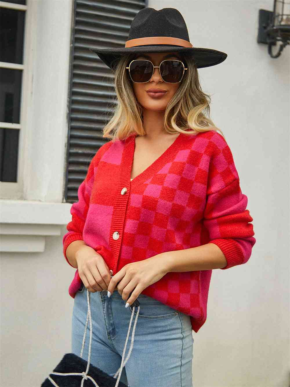 Plaid V-Neck Dropped Shoulder Cardigan