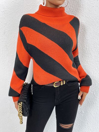 Striped Turtleneck Dropped Shoulder Sweater