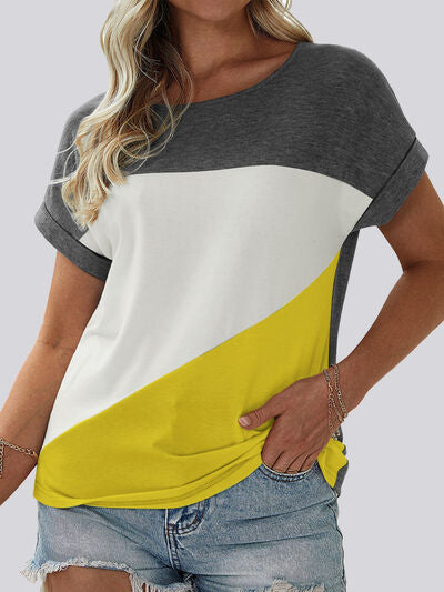 Color Block Round Neck Short Sleeve T-Shirt