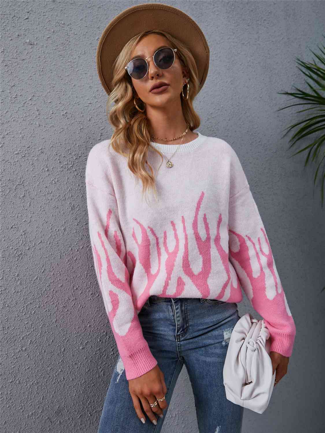 Printed Round Neck Long Sleeve Sweater