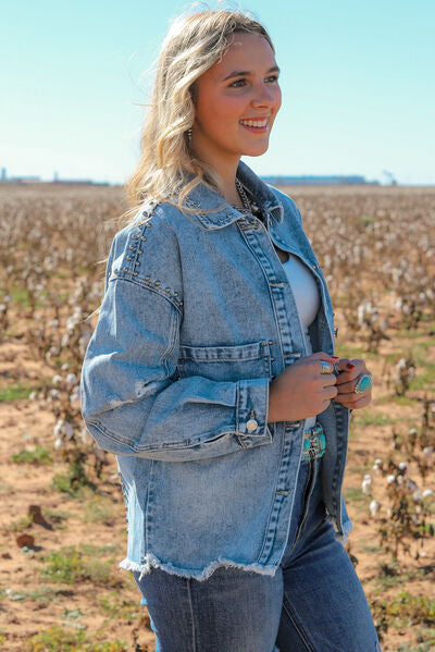 Studded Button Up Raw Hem Denim Jacket