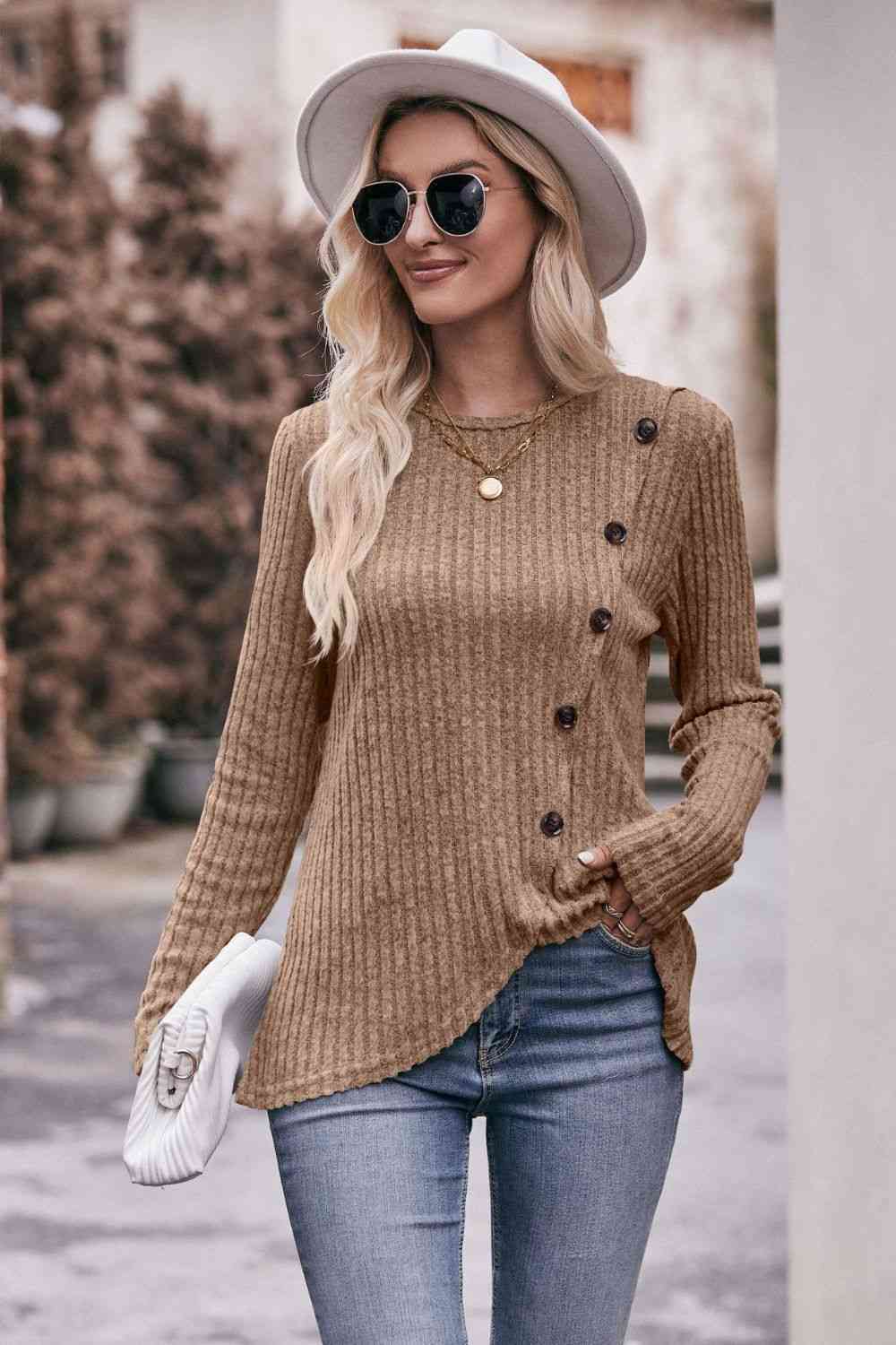 Double Take Ribbed Round Neck Buttoned Long Sleeve Tee