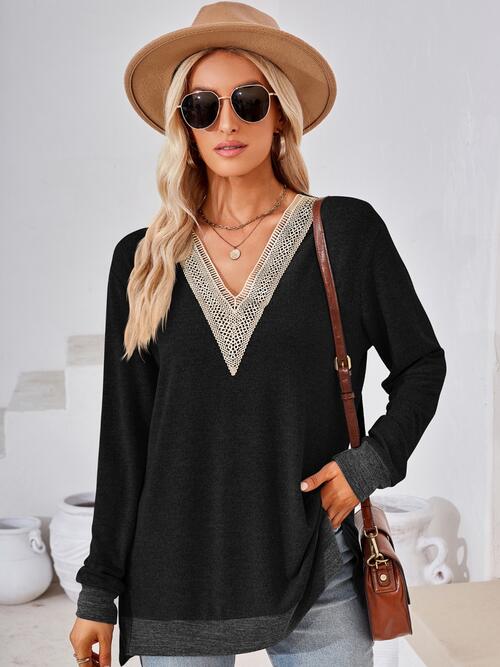 Crochet Contrast V-Neck Long Sleeve Slit T-Shirt