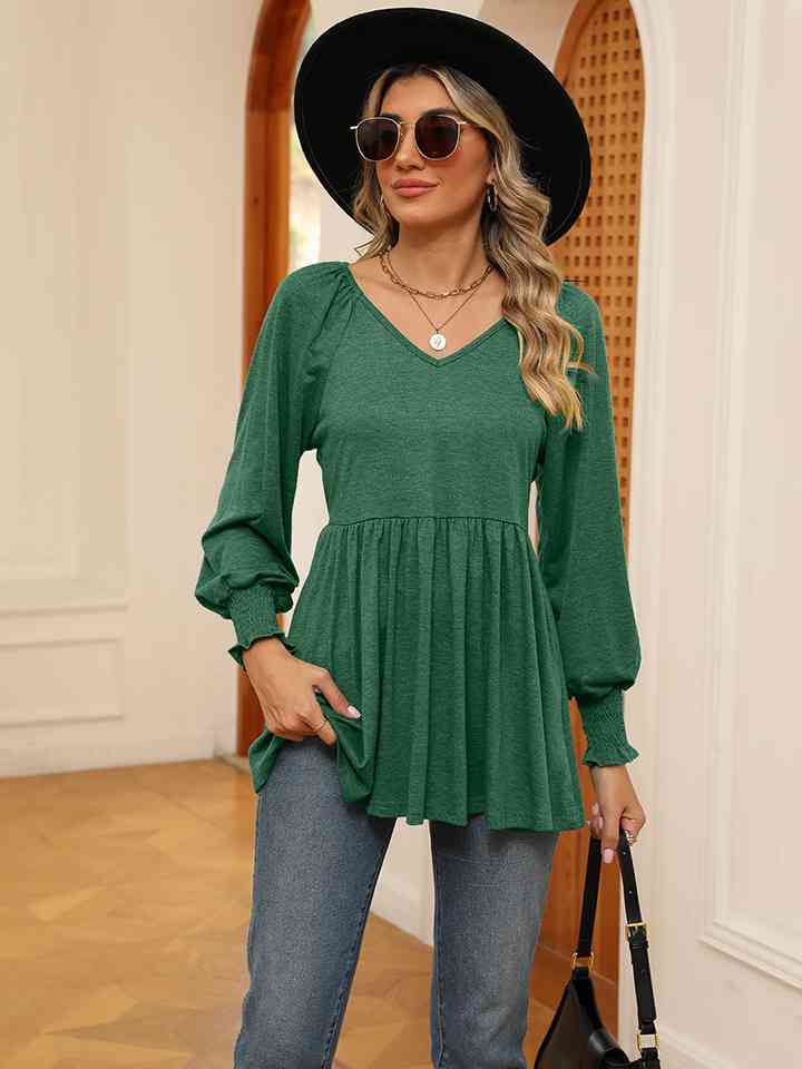 V-Neck Lantern Sleeve Blouse