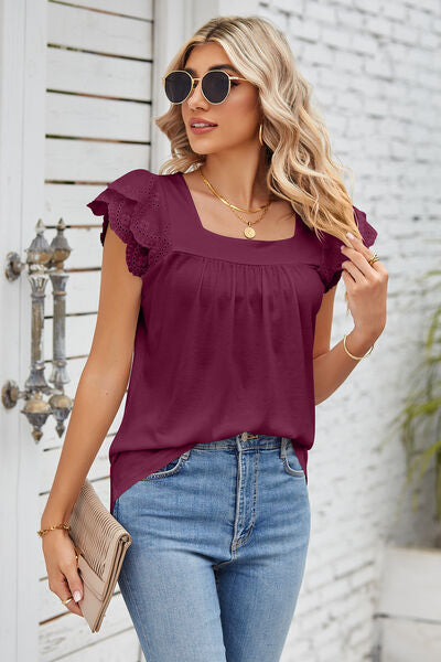 Eyelet Square Neck Cap Sleeve Blouse