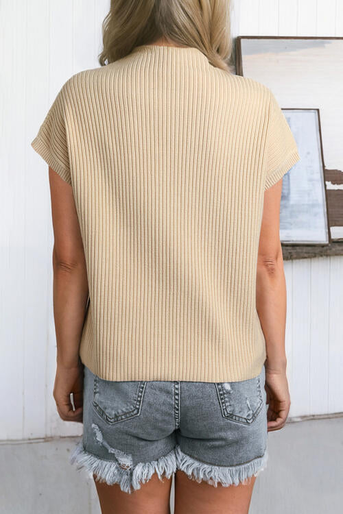 Ribbed Mock Neck Short Sleeve Knit Top