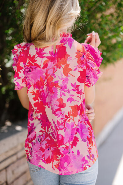 Frill Floral Mock Neck Cap Sleeve Blouse